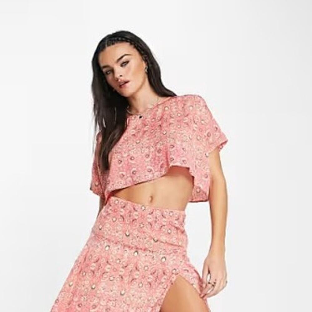 Free People Marion Printed Crop Top Pink Paisley Boho XS